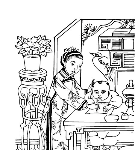 古代线描母亲教育儿子矢量素材