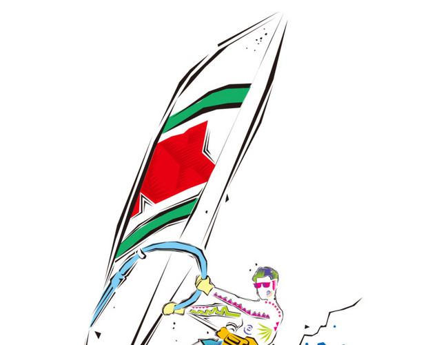 夏天卡通海滩帆船冲浪矢量图