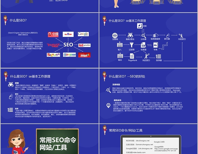 扁平卡通风SEO入门必备基础知识培训课件培训PPT模板