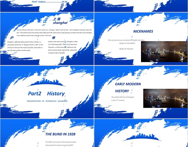 蓝色水彩介绍上海演讲PPT模板