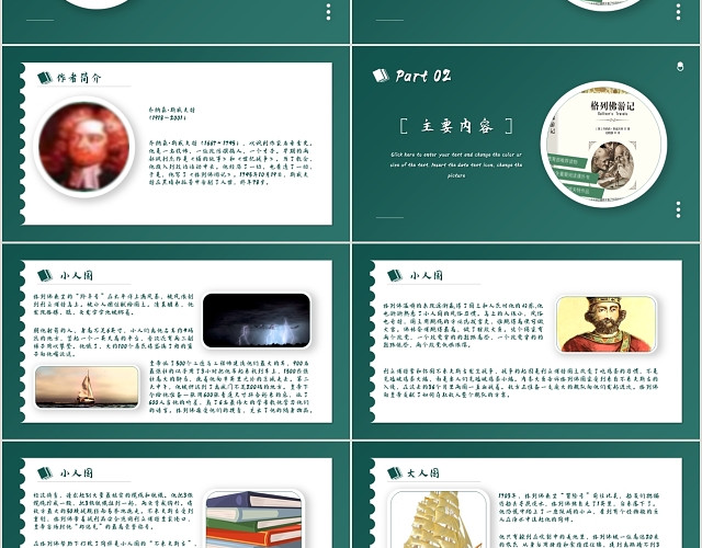 绿色简约风格格列佛游记读书分享PPT模板