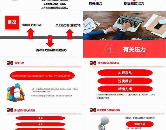 简约红色商务员工情绪管理团队管理压力思维PPT模板