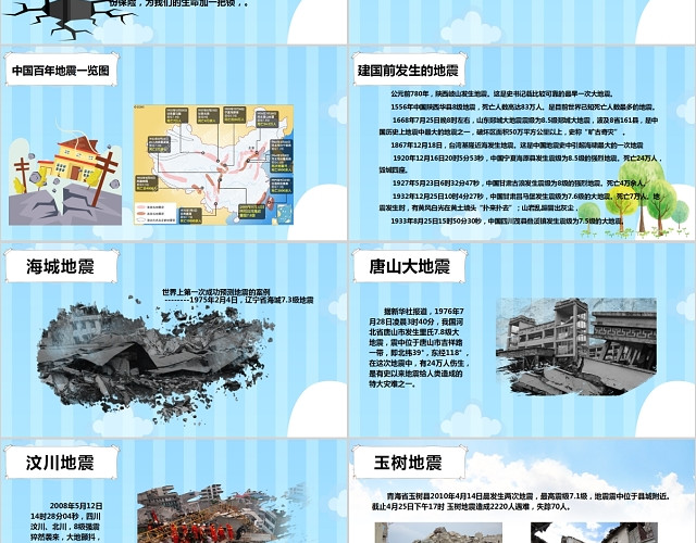 蓝色卡通让世界充满爱防震减灾主题班会PPT模板