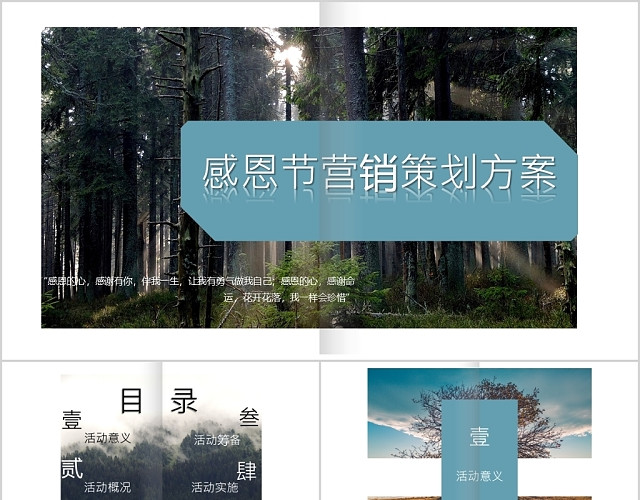 蓝色简约商务高级翻书效果感恩节活动策划PPT模板