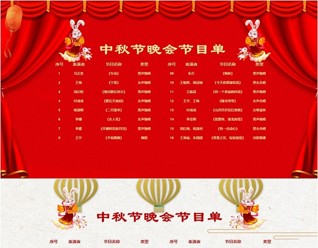 欢庆中秋中秋节晚会节目单PPT模板