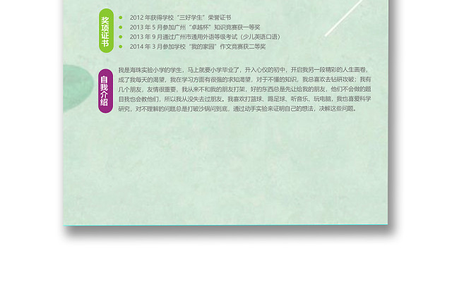 清新磨砂背景小升初简历WORD模板
