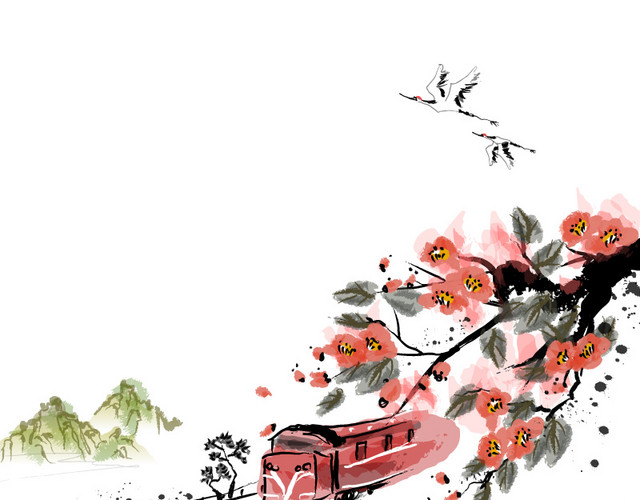 黑白手绘仙鹤春景中国风插画
