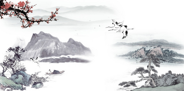 手绘中国水墨风仙鹤仙境插画素材