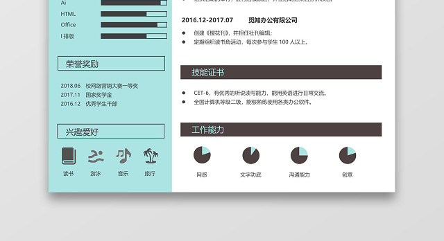 应届生实习生大学生简历新媒体运营个人求职简历WORD简历模板