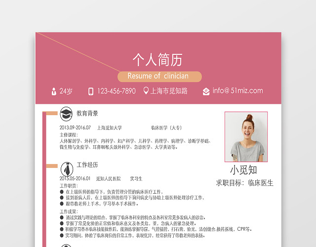 创意风格红色临床医生求职简历WORD简历模板