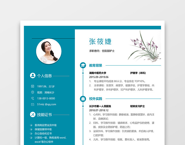 住院部护士个人简历WORD模板