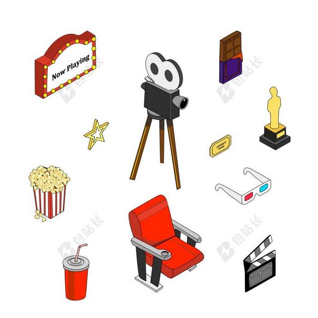 电影电影院相关图标联想放映机座椅3D眼镜爆米花背景图片