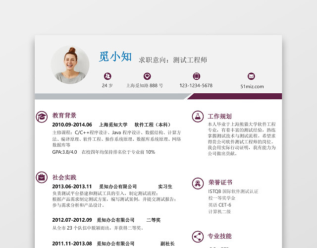 应届生软件测试经典风格WORD简历模板