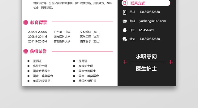 黑白简约风医生简历模板