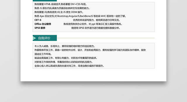 经典风格前端开发求职简历蓝绿WORD简历