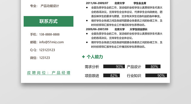 绿色创意产品经理个人求职简历