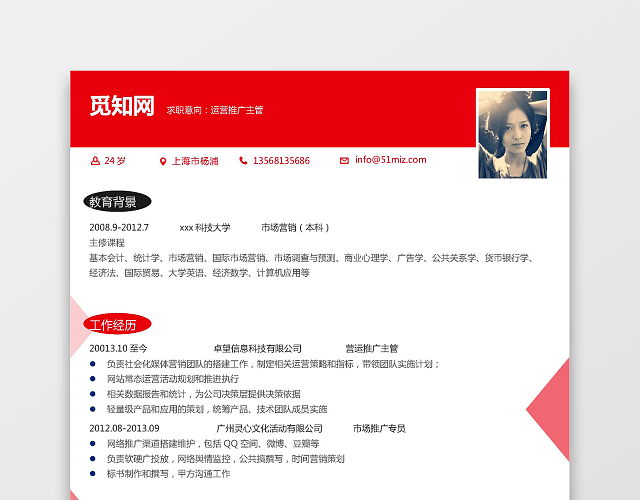 北京体育大学生运营推广求职简历