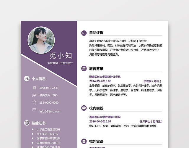 彩色护士个人模板简历