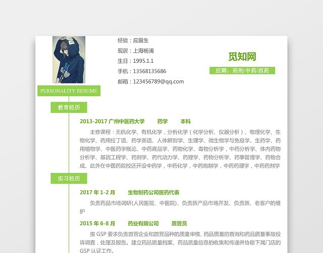 医药类应届生个性求职表格简历