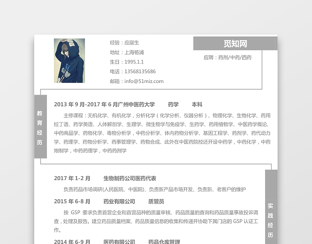 医药类应届生个性求职表格简历
