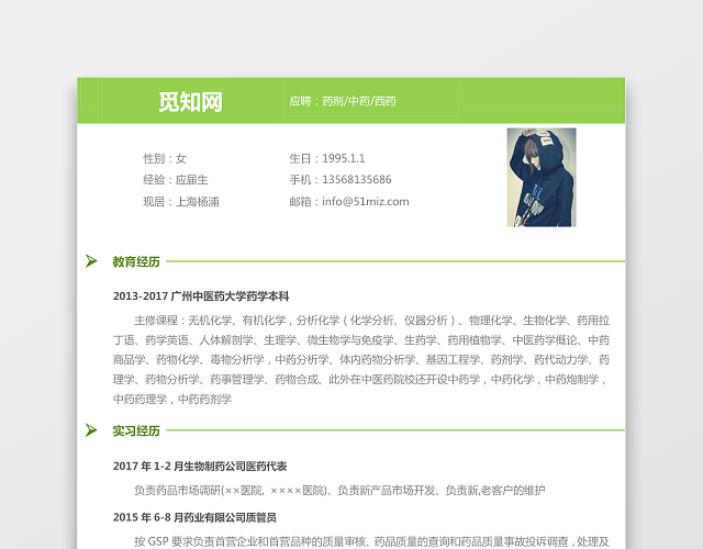 医药类应届生个性求职表格简历
