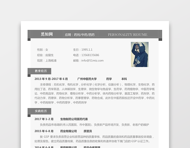 医药类应届生个性求职表格简历