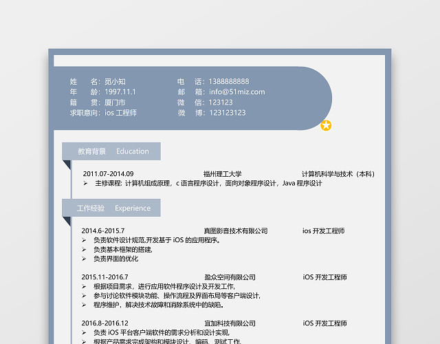 蓝色软件开发IOS开发程序员简历