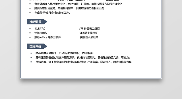 蓝色大气金融银行金融投资简历