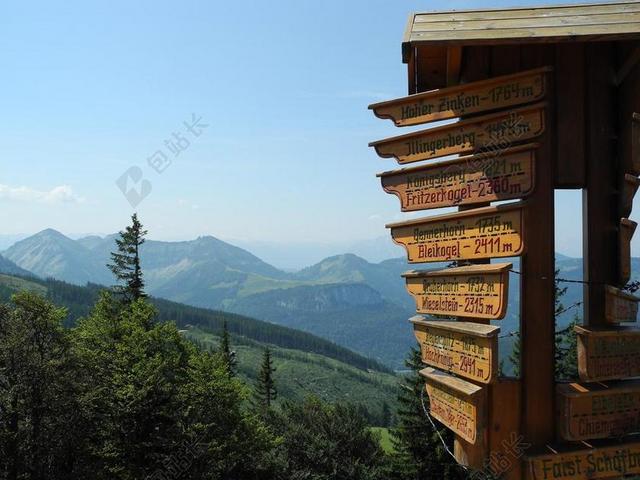 蓝色旅游写实指示牌山顶背景图片