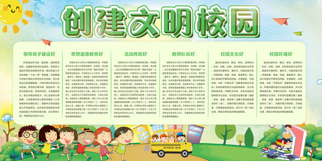 创文明校园提高学生素质绿色卡通宣传展板