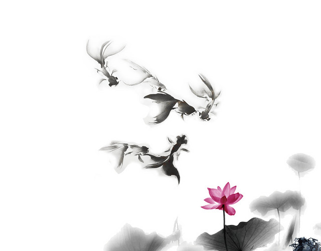 金鱼荷花水墨