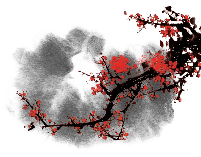 典雅中国风水墨晕染红梅背景素材