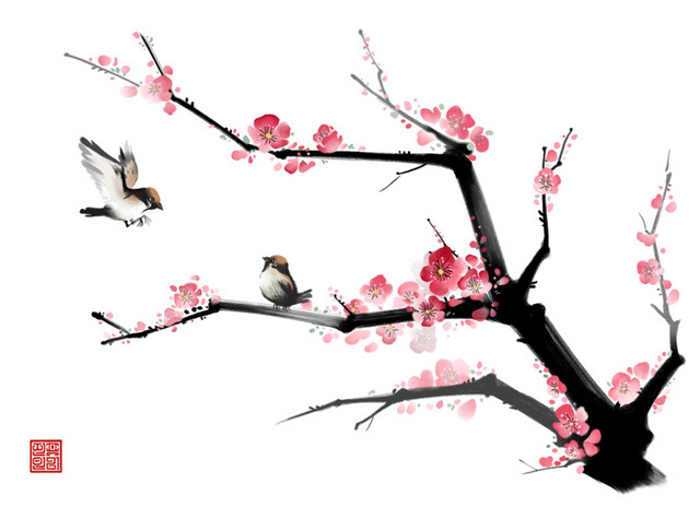 典雅中国风喜鹊小鸟红梅背景素材