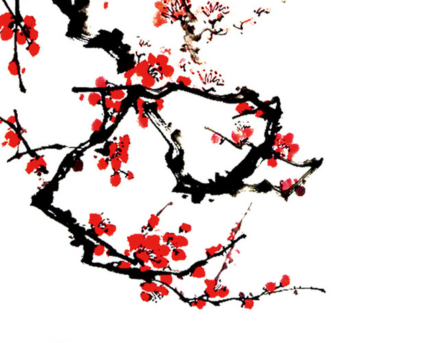 传统中国风红梅盛开水墨画素材
