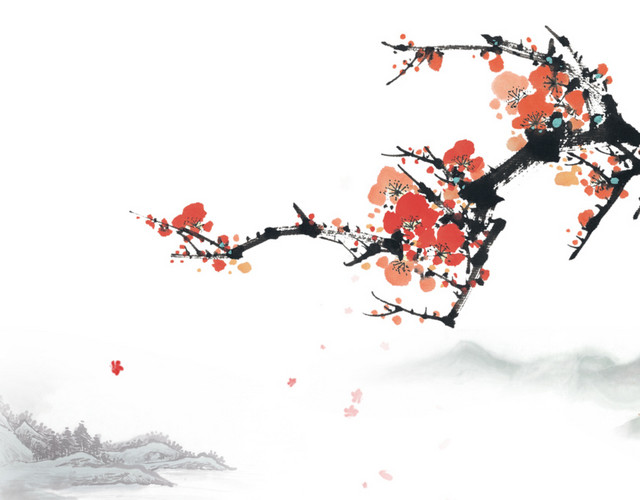 中国风山水画花红梅背景素材