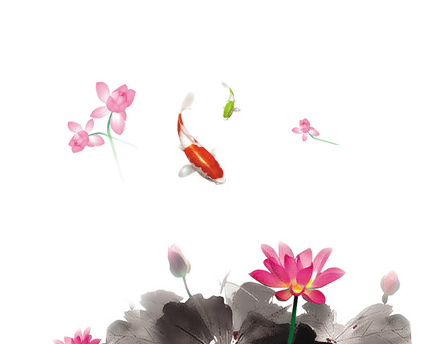 彩墨荷花鲤鱼素材