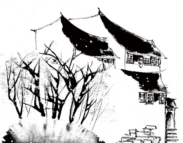 矢量手绘水墨建筑