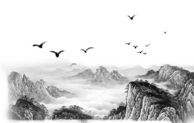 水墨山水飞鸟画