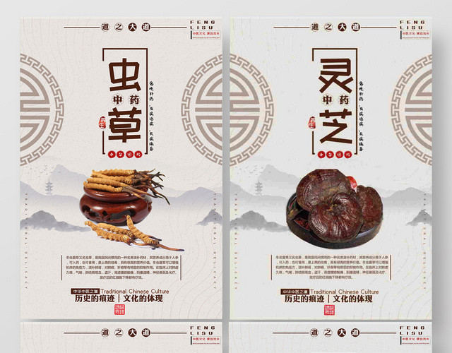 创意中式水墨风中医养生药材宣传套图海报