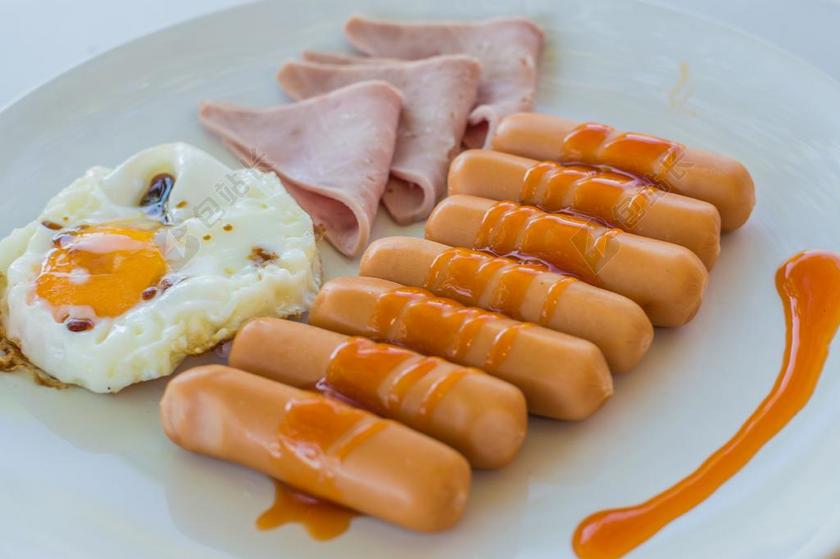 食物美食烹饪早餐简单营养鸡蛋香肠火腿搭配好吃背景图片