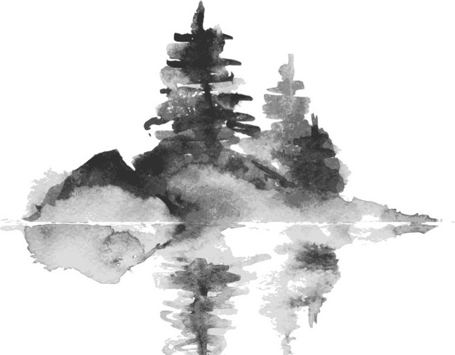 水中倒影国画素材