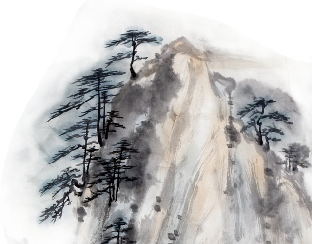 彩绘苍松山峰国画素材