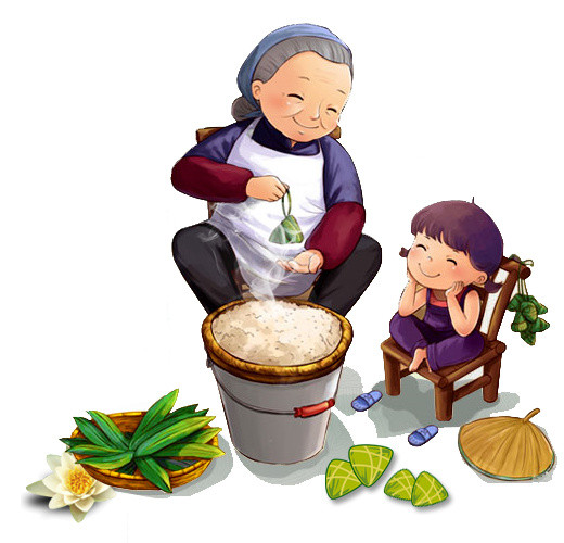 老奶奶小女孩包粽子粽子粽子叶蒲扇