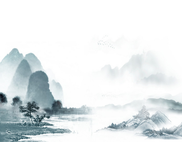 淡青色江水远山风景