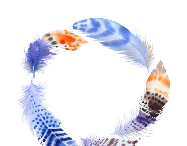 手绘彩色羽毛水彩插画圆环素材