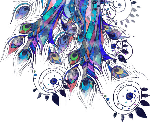 蓝色绚丽孔雀水彩插画