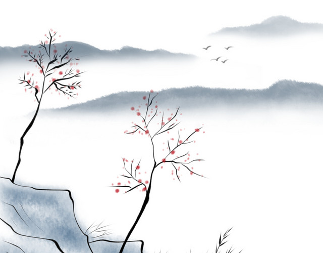 淡墨梅花山峰素材