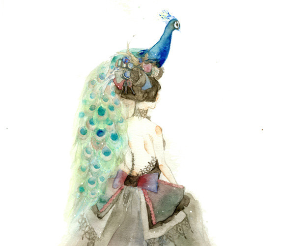 手绘水彩孔雀美女插画素材