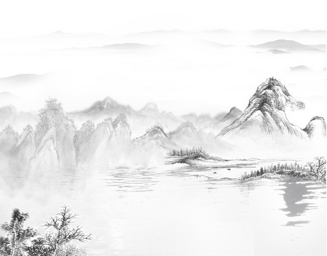 淡墨山峰江水风景素材