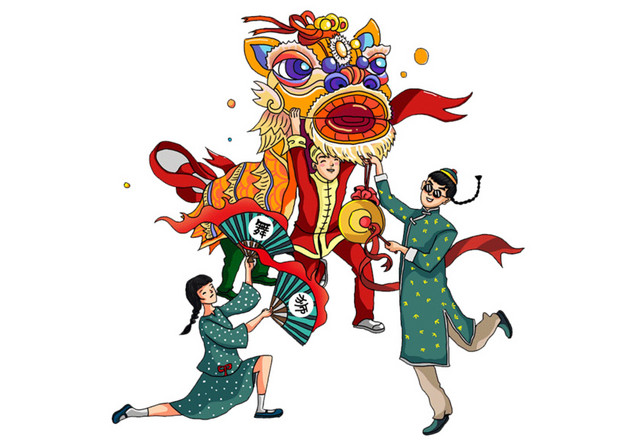 手绘舞狮子素材